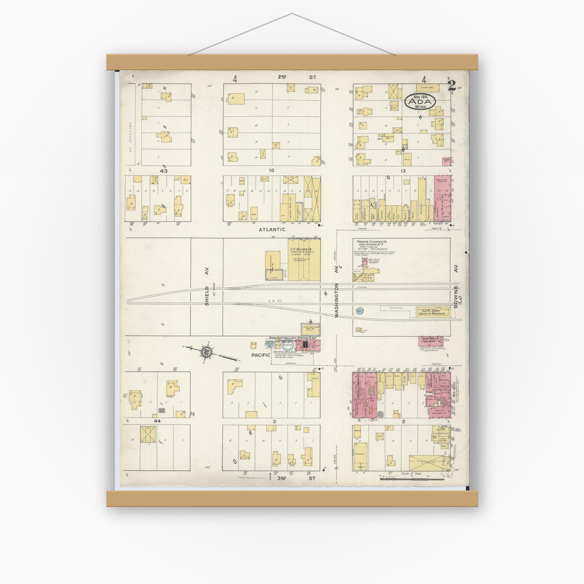 Old map wall art mockup — magnetic wood frame on white wall — Sanborn Fire Insurance Map from Ada, Norman County, Minnesota (1916), Sheet #0002