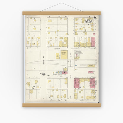 Old map wall art mockup — magnetic wood frame on white wall — Sanborn Fire Insurance Map from Ada, Norman County, Minnesota (1916), Sheet #0002