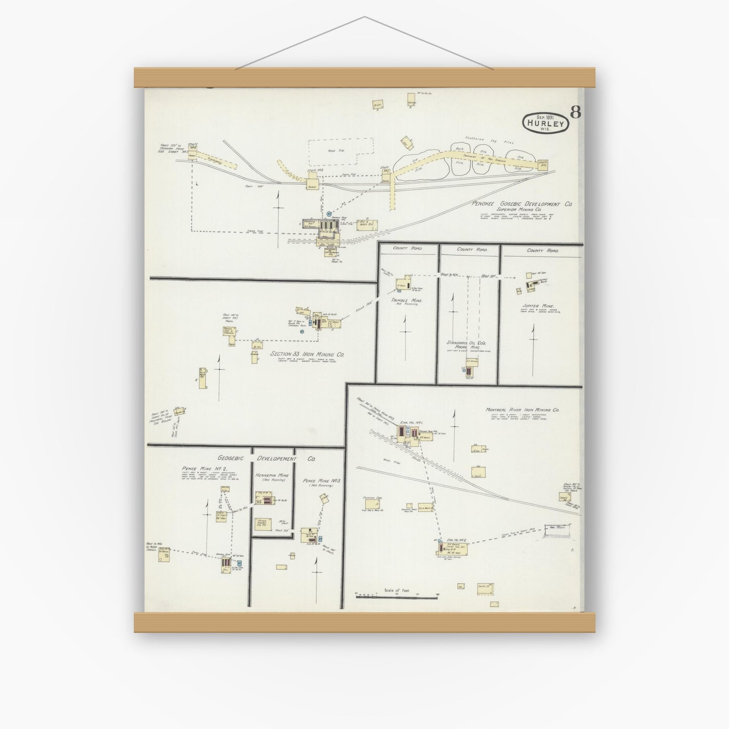 Old map wall art mockup — magnetic wood frame on white wall — Sanborn Fire Insurance Map from Hurley, Iron County, Wisconsin (1891), Sheet #0008