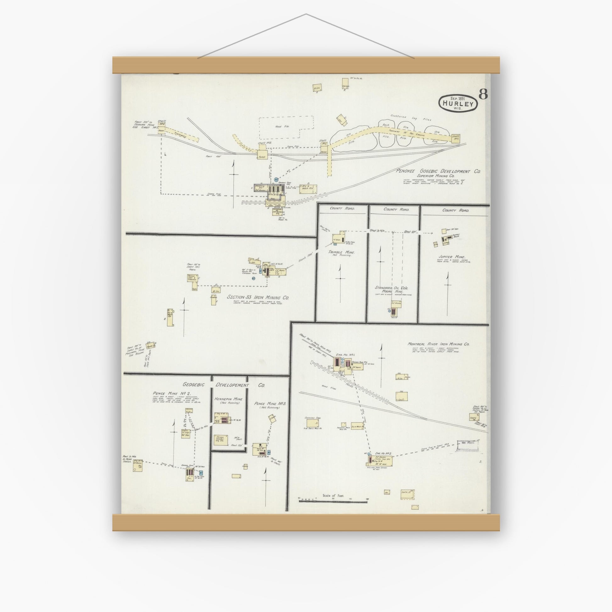 Old map wall art mockup — magnetic wood frame on white wall — Sanborn Fire Insurance Map from Hurley, Iron County, Wisconsin (1891), Sheet #0008
