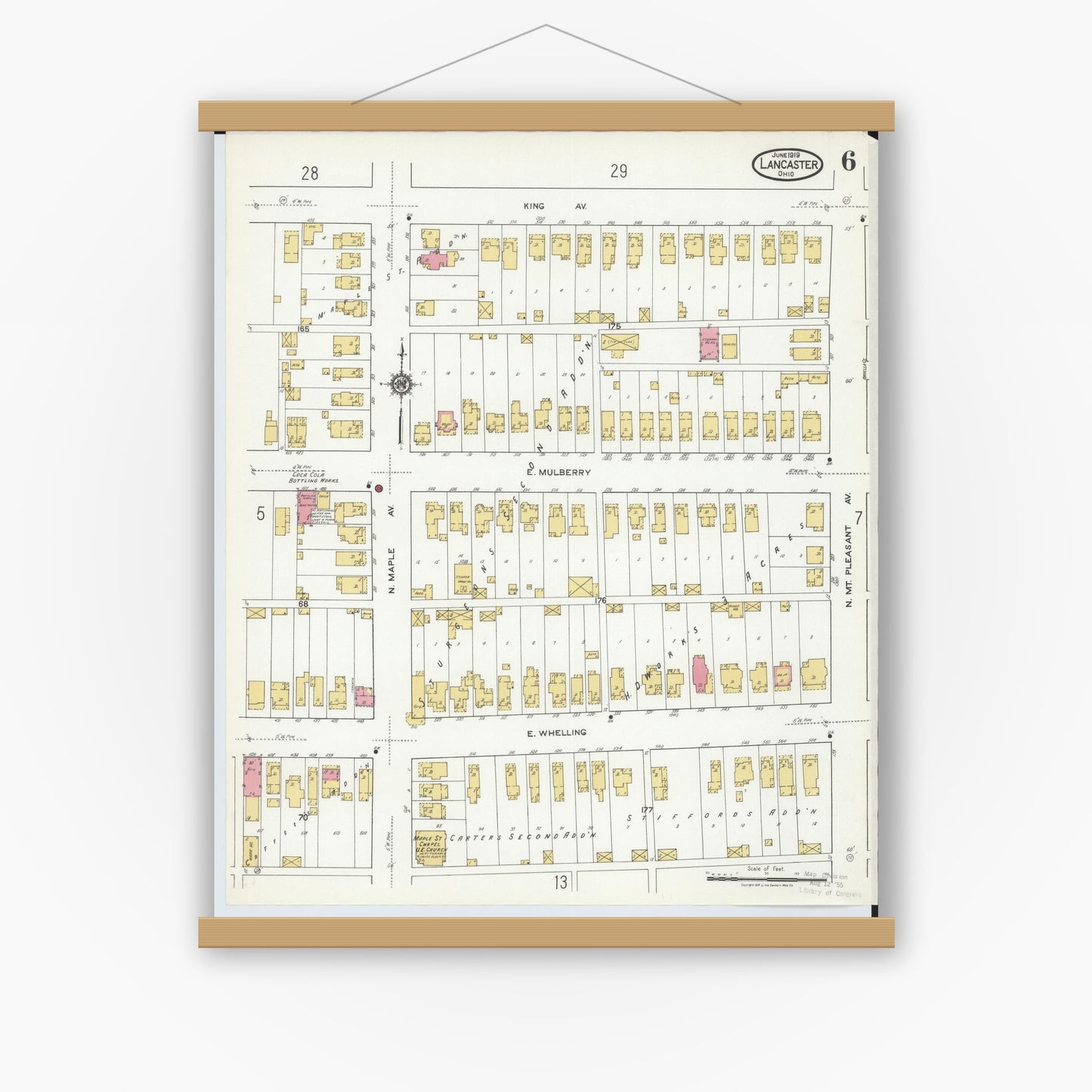 Old map wall art mockup — magnetic wood frame on white wall — Sanborn Fire Insurance Map from Lancaster, Fairfield County, Ohio (1919), Sheet #0006