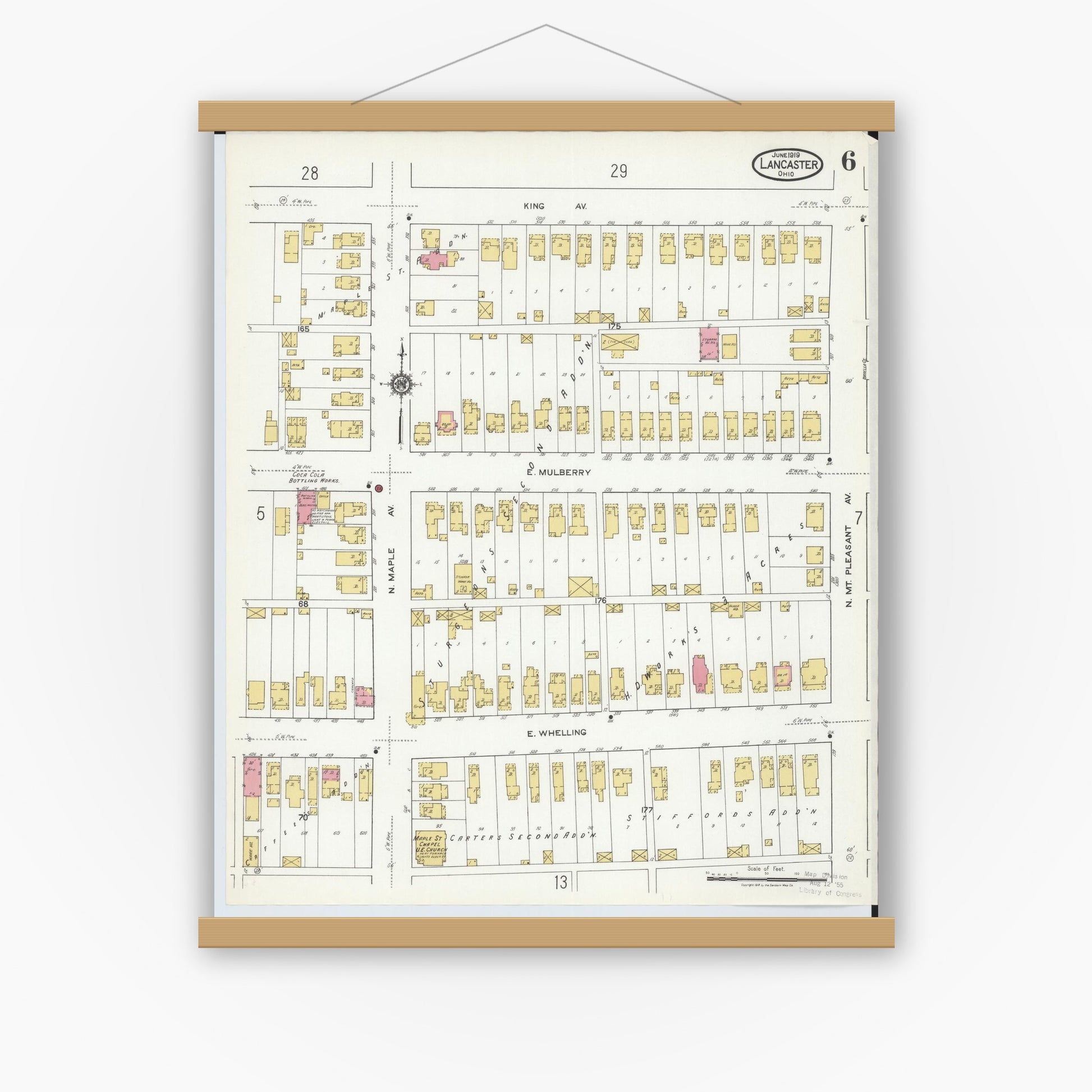 Old map wall art mockup — magnetic wood frame on white wall — Sanborn Fire Insurance Map from Lancaster, Fairfield County, Ohio (1919), Sheet #0006