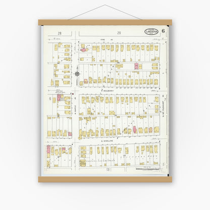 Old map wall art mockup — magnetic wood frame on white wall — Sanborn Fire Insurance Map from Lancaster, Fairfield County, Ohio (1919), Sheet #0006