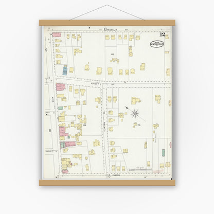 Old map wall art mockup — magnetic wood frame on white wall — Sanborn Fire Insurance Map from New Rochelle, Westchester County, New York (1896), Sheet #0012