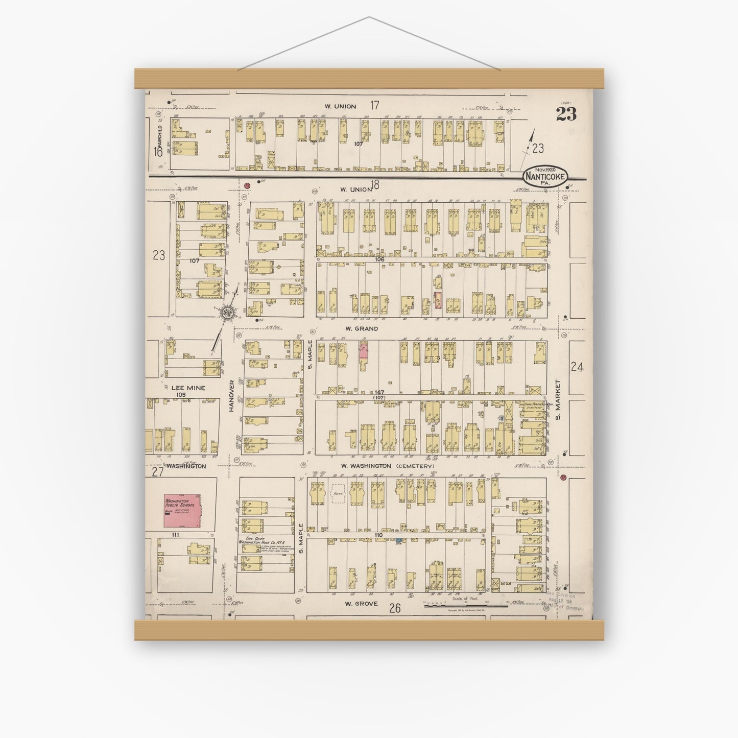 Old map wall art mockup — magnetic wood frame on white wall — Sanborn Fire Insurance Map from Nanticoke, Luzerne County, Pennsylvania (1920), Sheet #0023