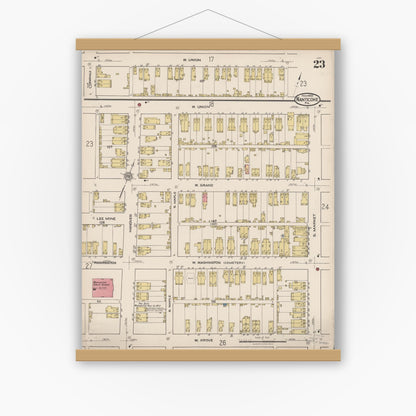 Old map wall art mockup — magnetic wood frame on white wall — Sanborn Fire Insurance Map from Nanticoke, Luzerne County, Pennsylvania (1920), Sheet #0023