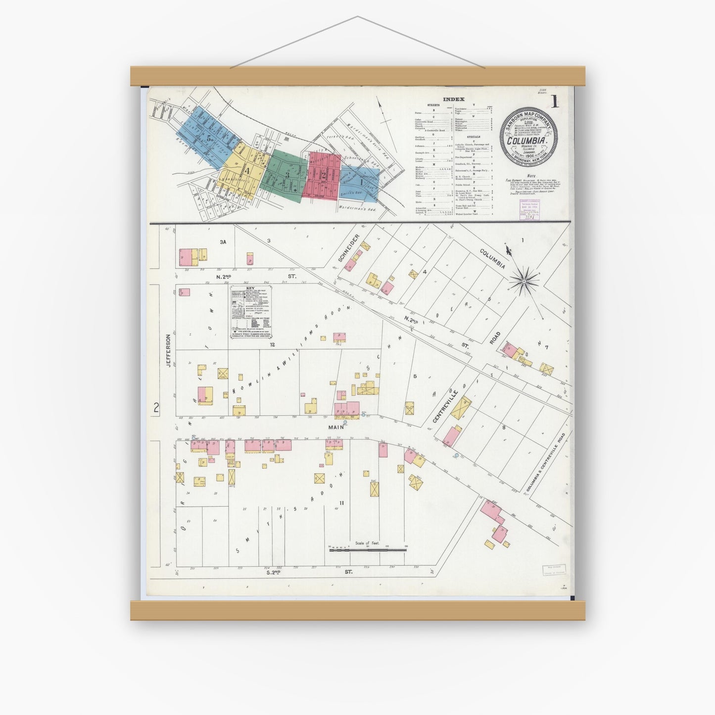 Old map wall art mockup — magnetic wood frame on white wall — Sanborn Fire Insurance Map from Columbia, Monroe County, Illinois (1906) - Complete Map Set