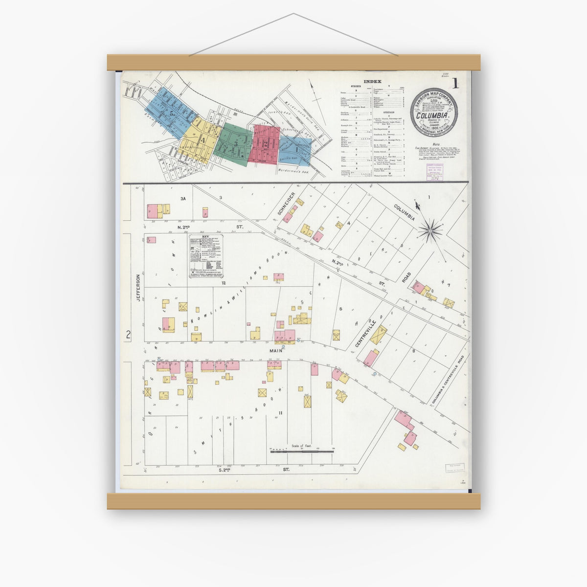 Old map wall art mockup — magnetic wood frame on white wall — Sanborn Fire Insurance Map from Columbia, Monroe County, Illinois (1906) - Complete Map Set