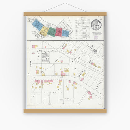 Old map wall art mockup — magnetic wood frame on white wall — Sanborn Fire Insurance Map from Columbia, Monroe County, Illinois (1906) - Complete Map Set