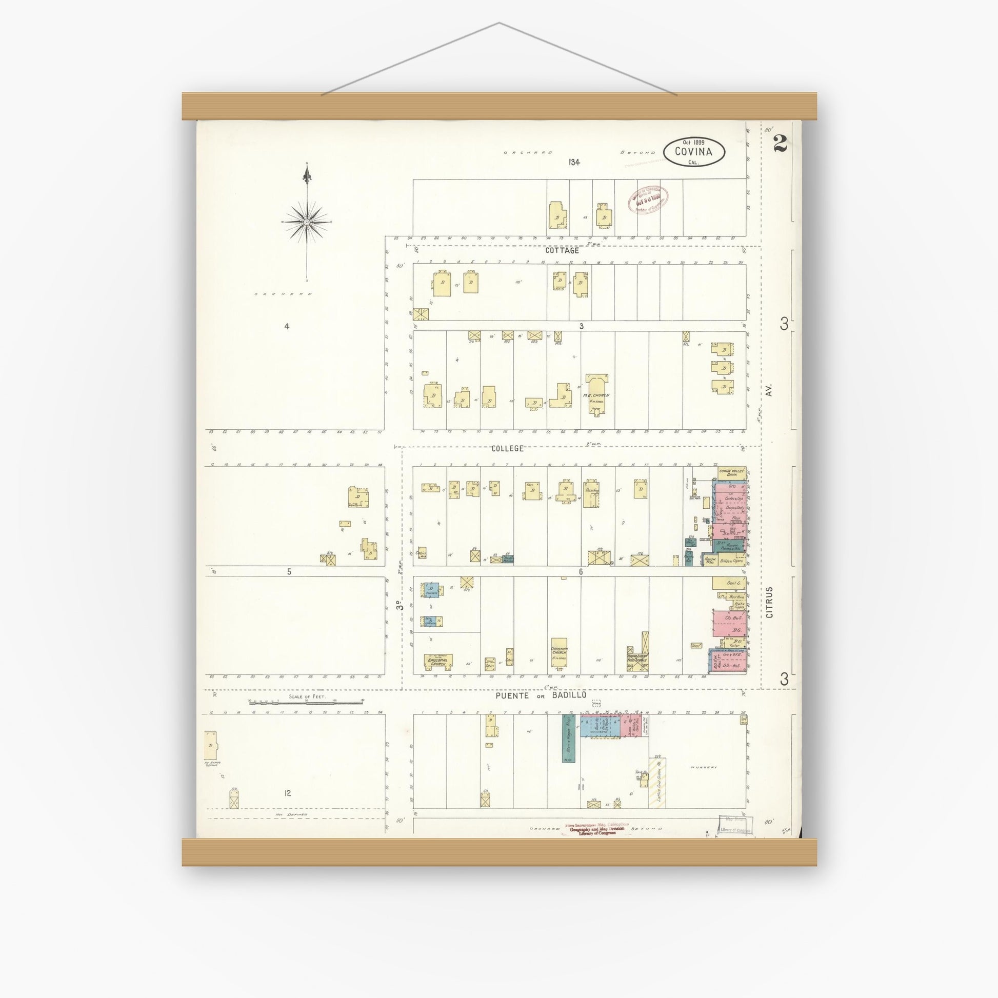 Old map wall art mockup — magnetic wood frame on white wall — Sanborn Fire Insurance Map from Covina, Los Angeles County, California (1899), Sheet #0002