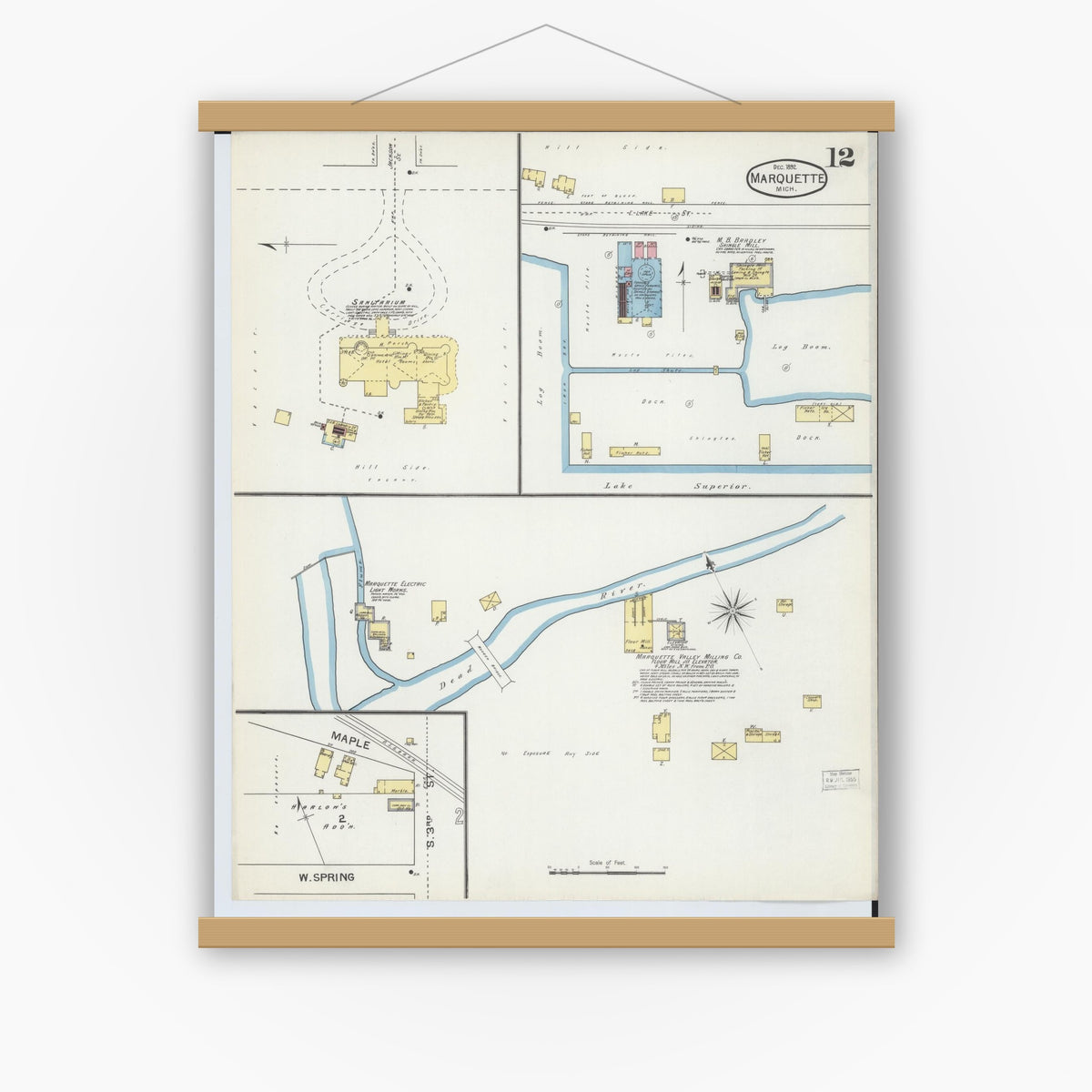 Old map wall art mockup — magnetic wood frame on white wall — Sanborn Fire Insurance Map from Marquette, Marquette County, Michigan (1892), Sheet #0012