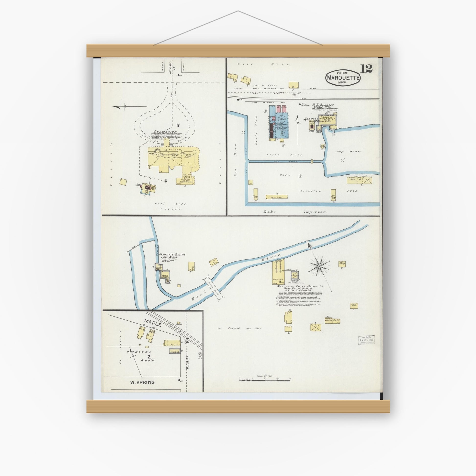 Old map wall art mockup — magnetic wood frame on white wall — Sanborn Fire Insurance Map from Marquette, Marquette County, Michigan (1892), Sheet #0012