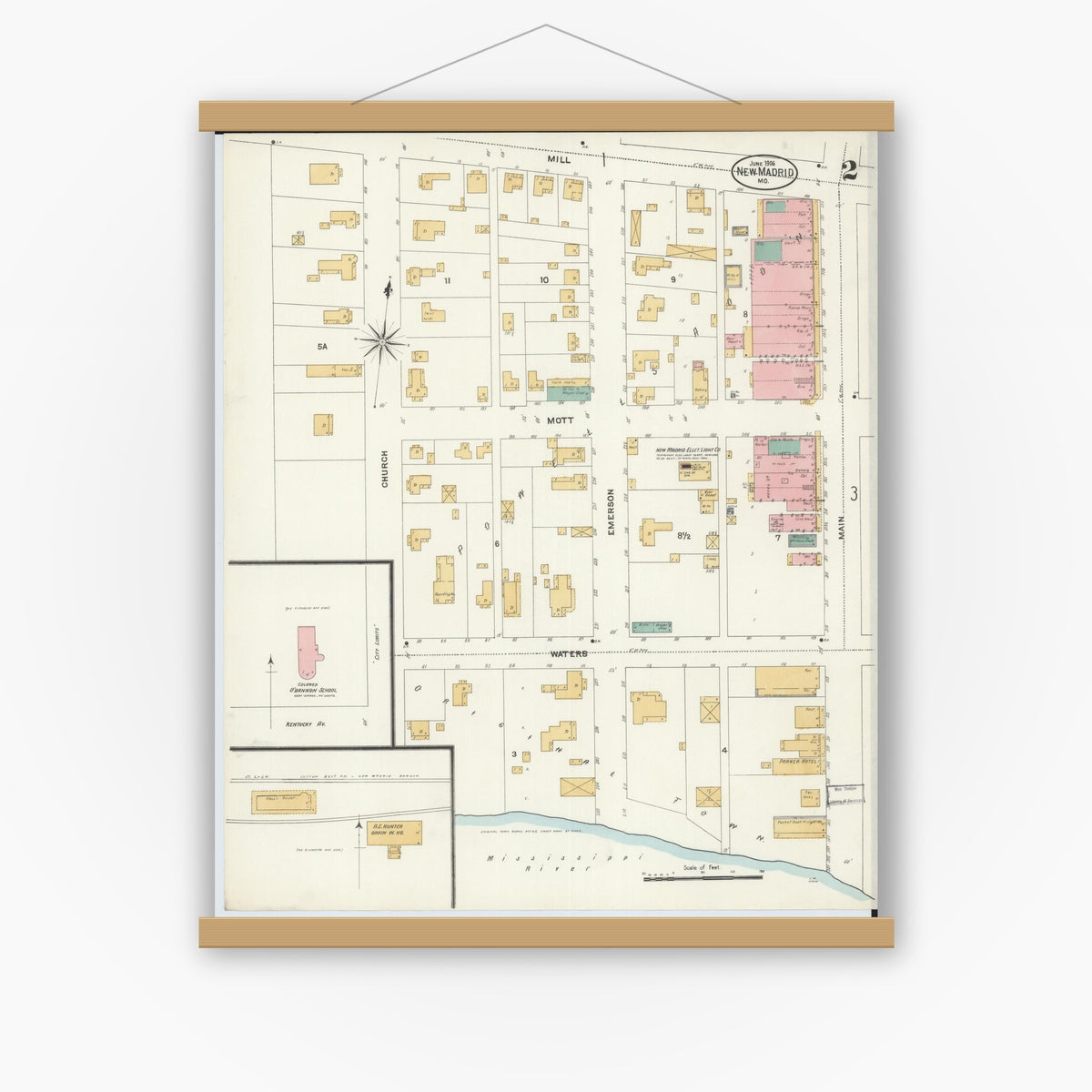 Old map wall art mockup — magnetic wood frame on white wall — Sanborn Fire Insurance Map from New Madrid, New Madrid County, Missouri (1906), Sheet #0002