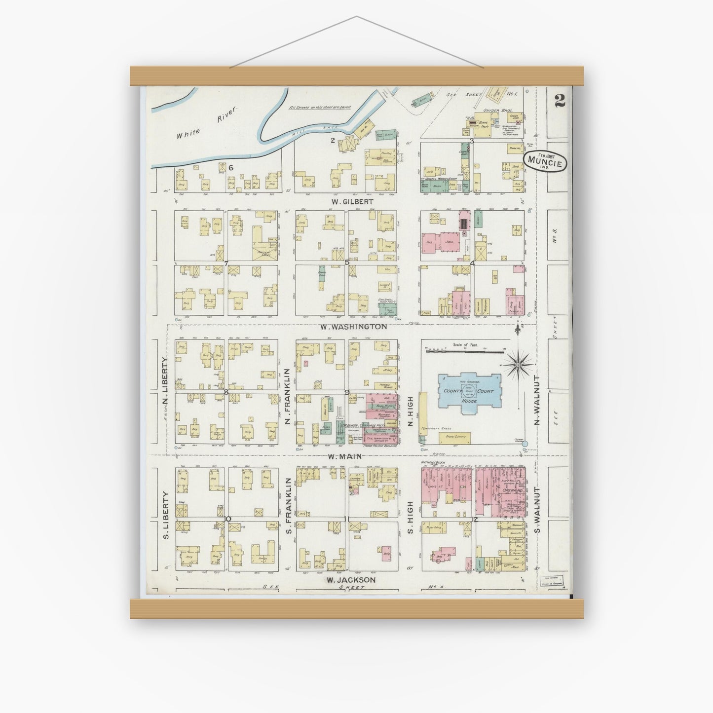Old map wall art mockup — magnetic wood frame on white wall — Sanborn Fire Insurance Map from Muncie, Delaware County, Indiana (1887), Sheet #0002