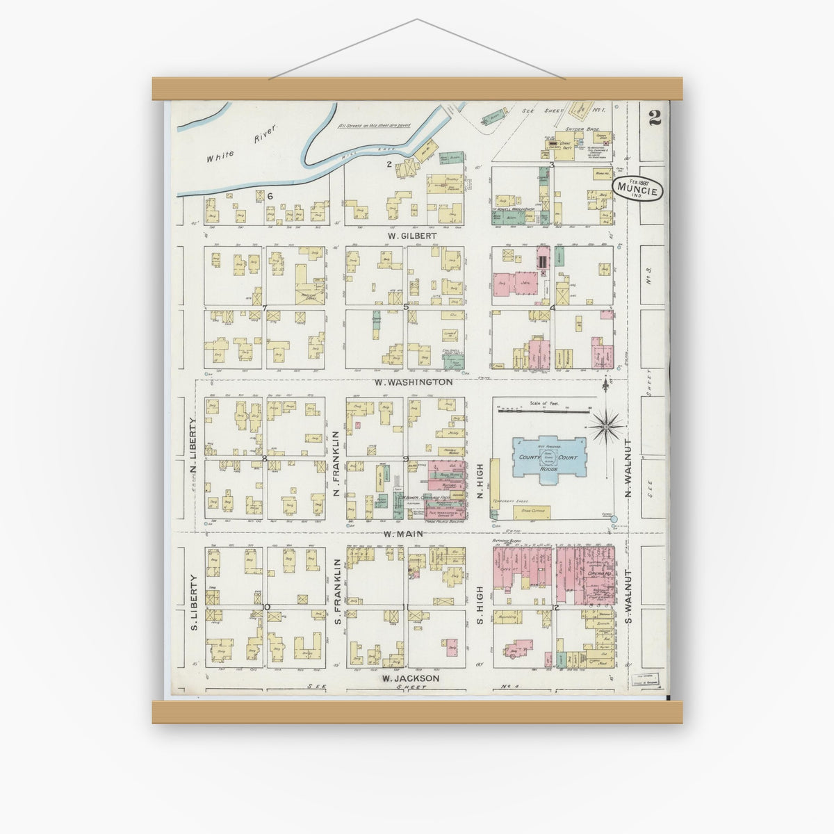 Old map wall art mockup — magnetic wood frame on white wall — Sanborn Fire Insurance Map from Muncie, Delaware County, Indiana (1887), Sheet #0002