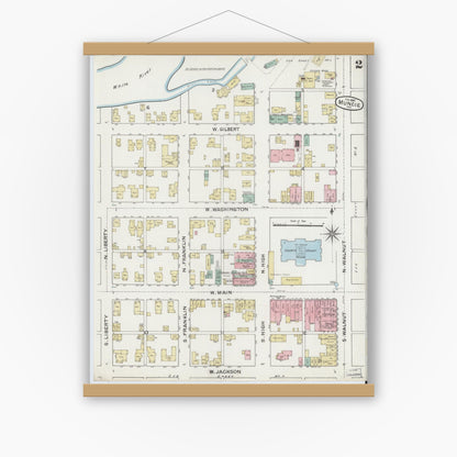 Old map wall art mockup — magnetic wood frame on white wall — Sanborn Fire Insurance Map from Muncie, Delaware County, Indiana (1887), Sheet #0002