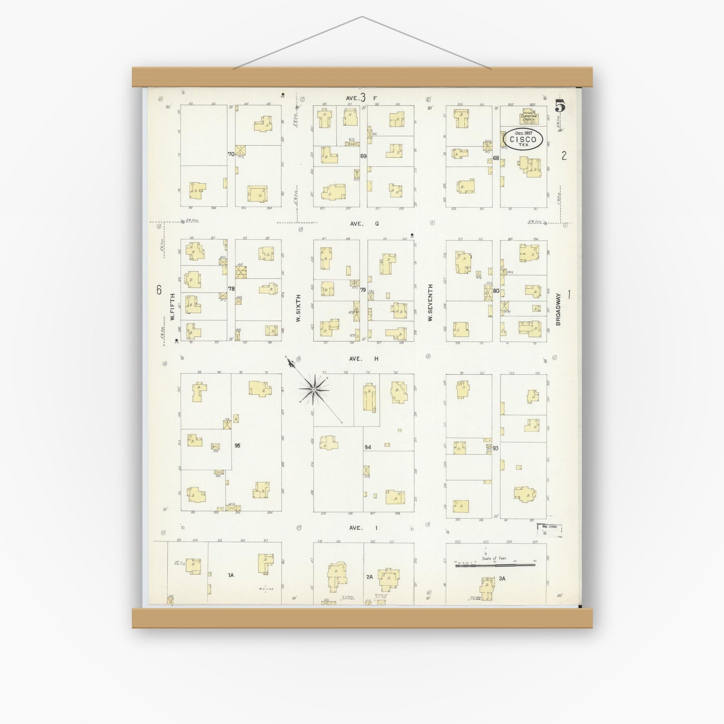 Old map wall art mockup — magnetic wood frame on white wall — Sanborn Fire Insurance Map from Cisco, Eastland County, Texas (1907), Sheet #0005
