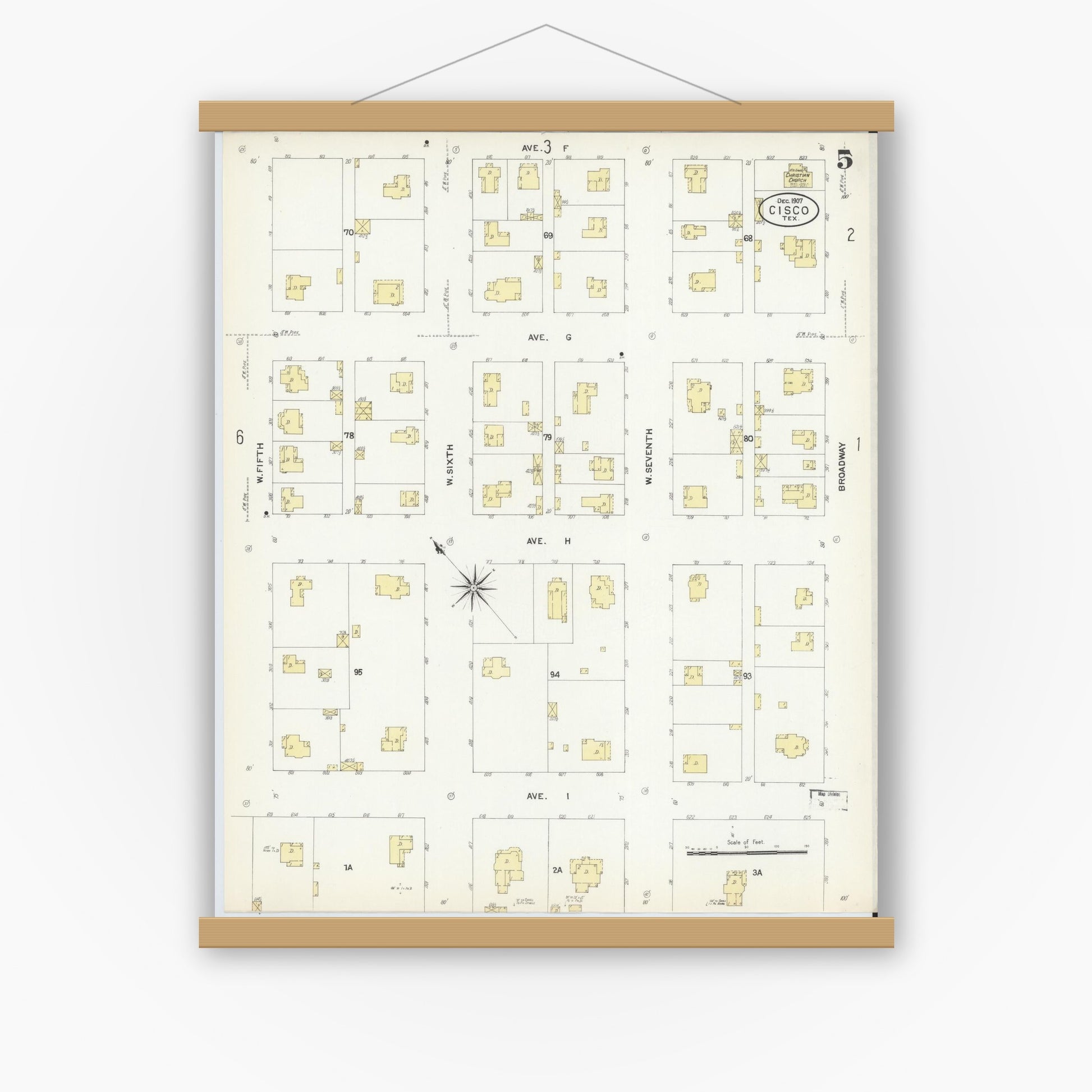 Old map wall art mockup — magnetic wood frame on white wall — Sanborn Fire Insurance Map from Cisco, Eastland County, Texas (1907), Sheet #0005