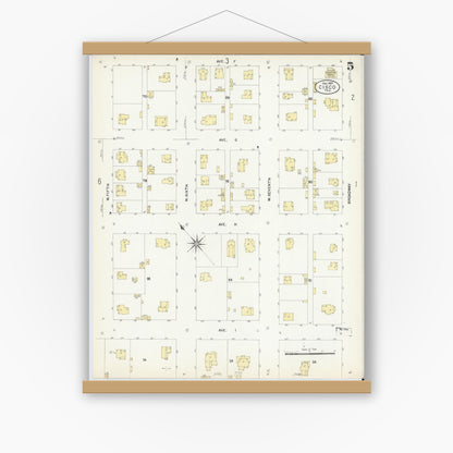 Old map wall art mockup — magnetic wood frame on white wall — Sanborn Fire Insurance Map from Cisco, Eastland County, Texas (1907), Sheet #0005