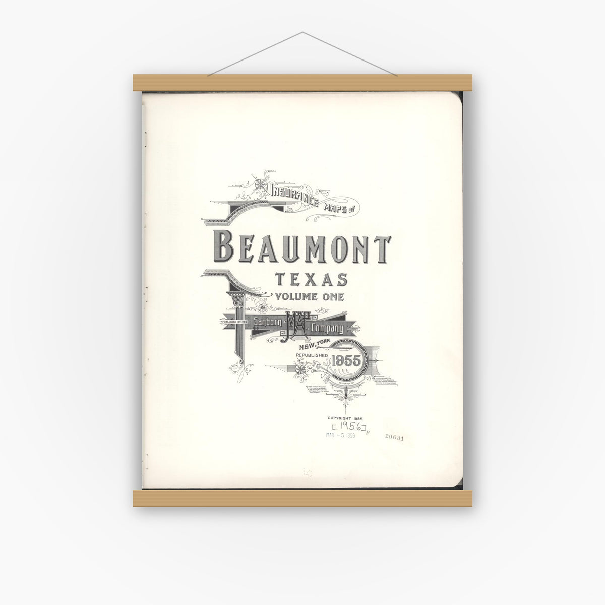 Old map wall art mockup — magnetic wood frame on white wall — Sanborn Fire Insurance Map from Beaumont, Jefferson County, Texas (1955), Sheet #0001