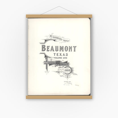 Old map wall art mockup — magnetic wood frame on white wall — Sanborn Fire Insurance Map from Beaumont, Jefferson County, Texas (1955), Sheet #0001