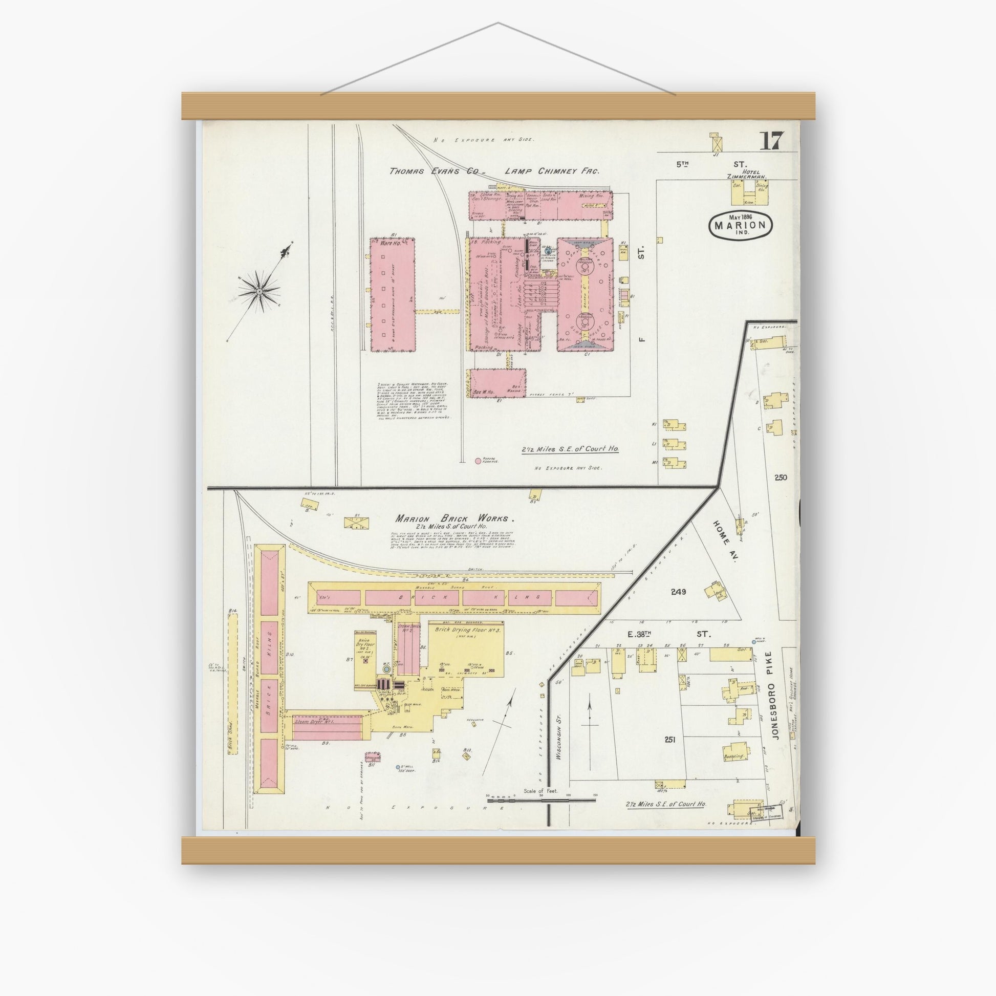 Old map wall art mockup — magnetic wood frame on white wall — Sanborn Fire Insurance Map from Marion, Grant County, Indiana (1896), Sheet #0017