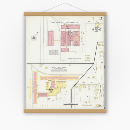 Old map wall art mockup — magnetic wood frame on white wall — Sanborn Fire Insurance Map from Marion, Grant County, Indiana (1896), Sheet #0017