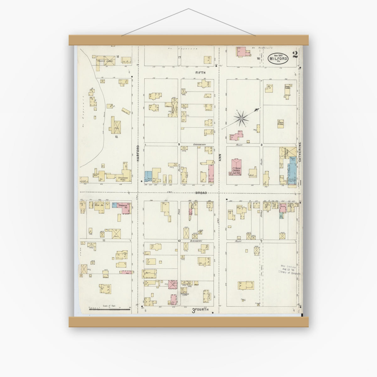 Old map wall art mockup — magnetic wood frame on white wall — Sanborn Fire Insurance Map from Milford, Pike County, Pennsylvania (1897), Sheet #0002