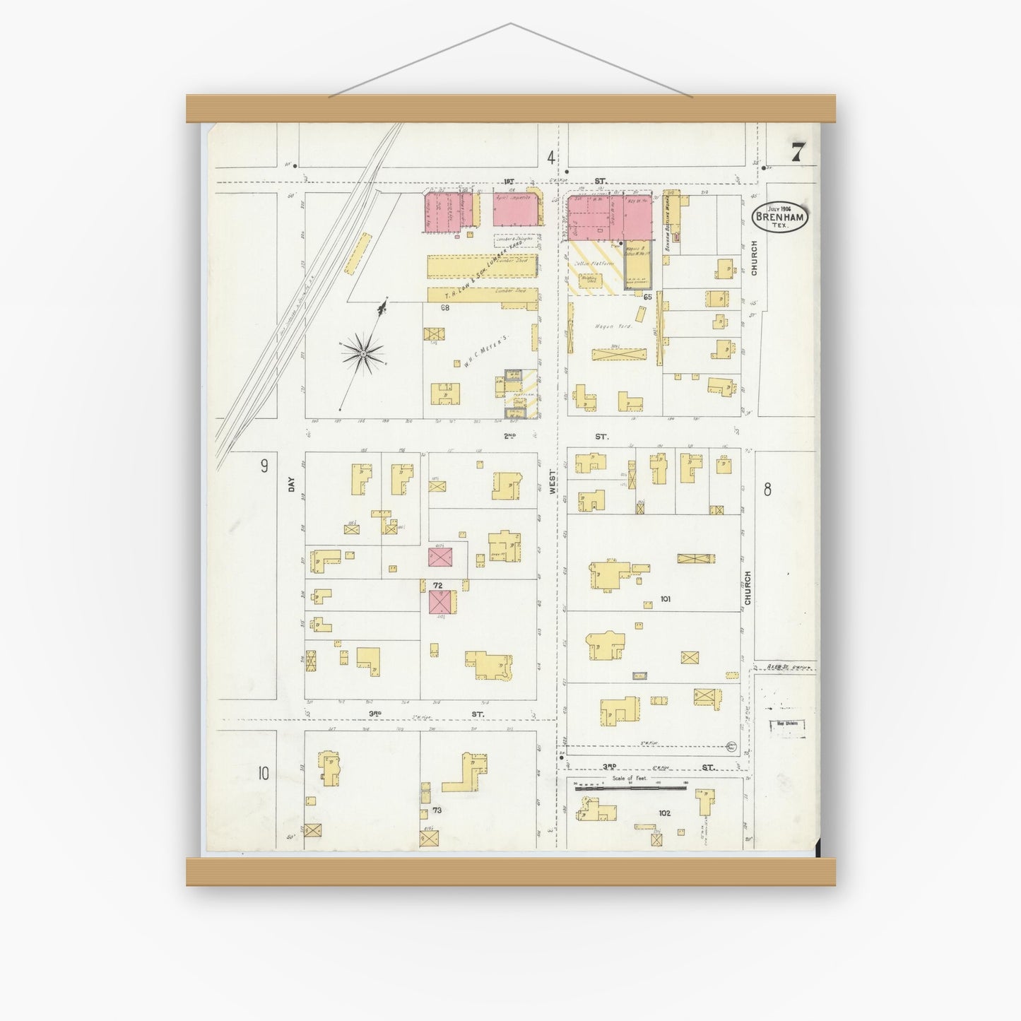 Old map wall art mockup — magnetic wood frame on white wall — Sanborn Fire Insurance Map from Brenham, Washington County, Texas (1906), Sheet #0007