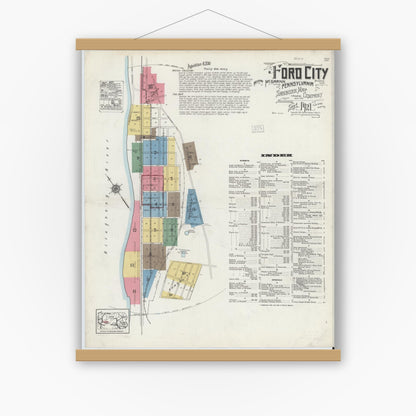 Old map wall art mockup — magnetic wood frame on white wall — Sanborn Fire Insurance Map from Ford City, Armstrong County, Pennsylvania (1921), Sheet #0001