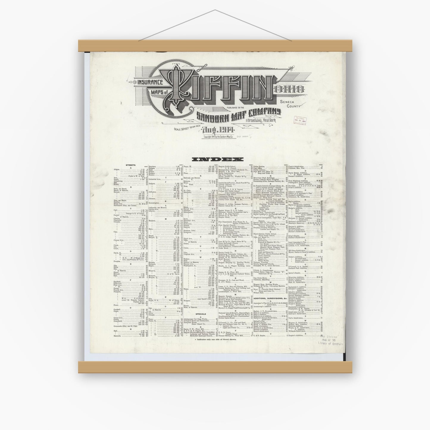 Old map wall art mockup — magnetic wood frame on white wall — Sanborn Fire Insurance Map from Tiffin, Seneca County, Ohio (1914), Sheet #0001