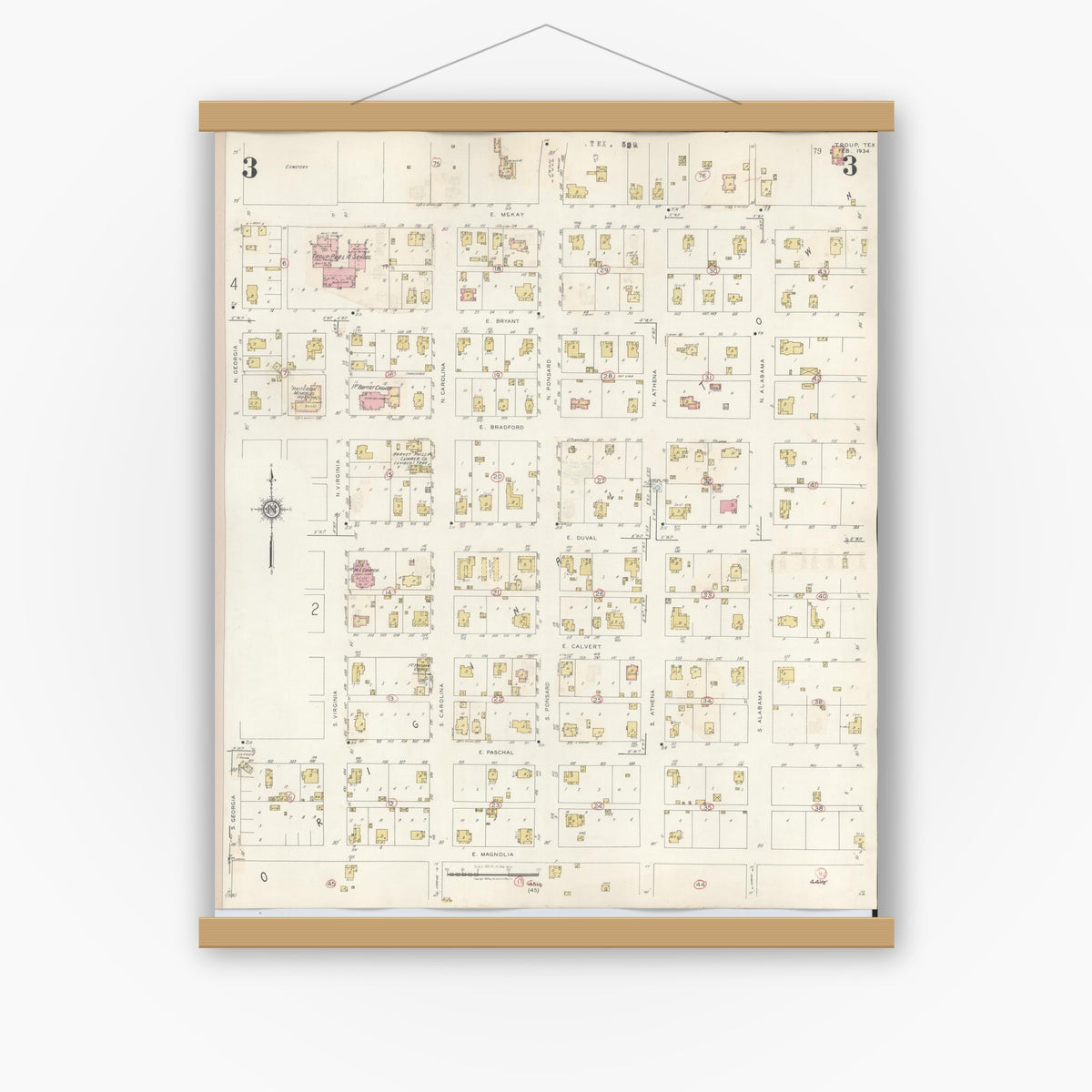 Old map wall art mockup — magnetic wood frame on white wall — Sanborn Fire Insurance Map from Troup, Smith County, Texas (1943), Sheet #0003