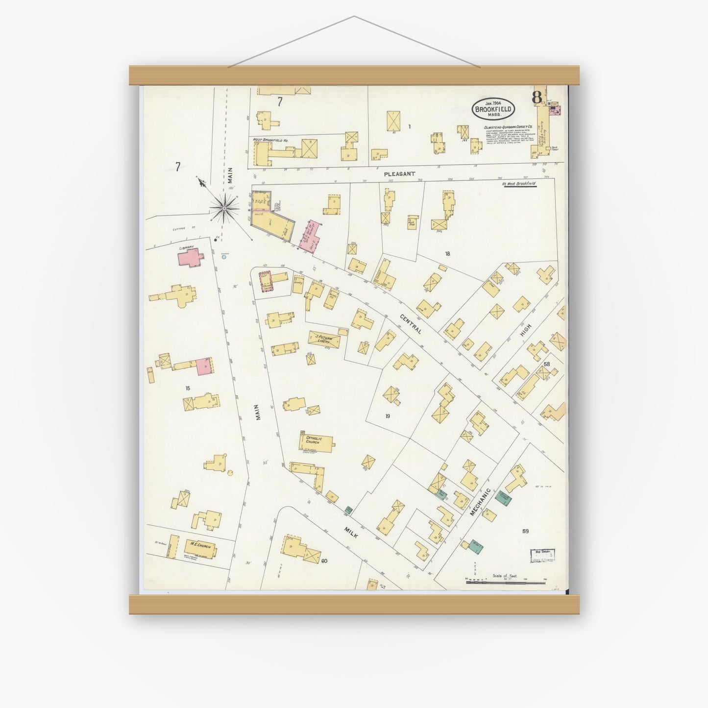 Old map wall art mockup — magnetic wood frame on white wall — Sanborn Fire Insurance Map from Brookfield, Worcester County, Massachusetts (1904), Sheet #0008