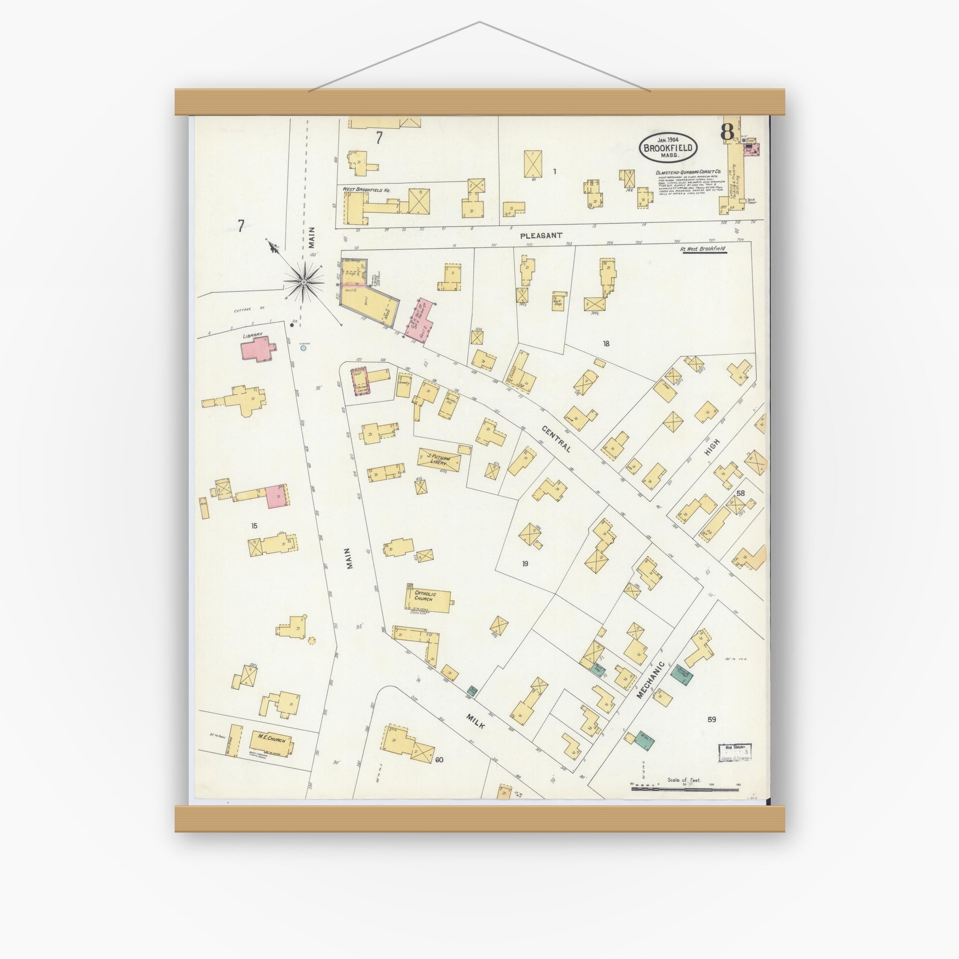 Old map wall art mockup — magnetic wood frame on white wall — Sanborn Fire Insurance Map from Brookfield, Worcester County, Massachusetts (1904), Sheet #0008