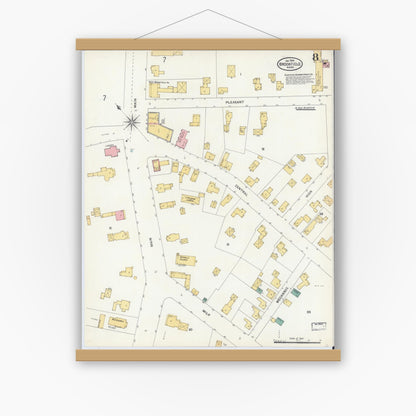 Old map wall art mockup — magnetic wood frame on white wall — Sanborn Fire Insurance Map from Brookfield, Worcester County, Massachusetts (1904), Sheet #0008
