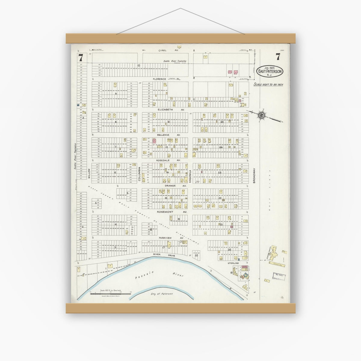Old map wall art mockup — magnetic wood frame on white wall — Sanborn Fire Insurance Map from East Paterson, Bergen County, New Jersey (1925), Sheet #0007