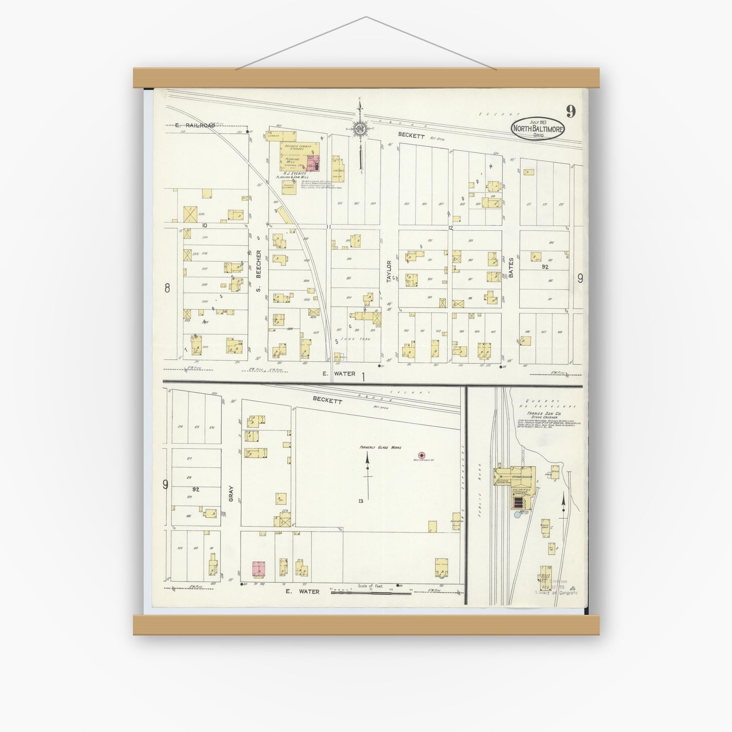 Old map wall art mockup — magnetic wood frame on white wall — Sanborn Fire Insurance Map from North Baltimore, Wood County, Ohio (1913), Sheet #0009