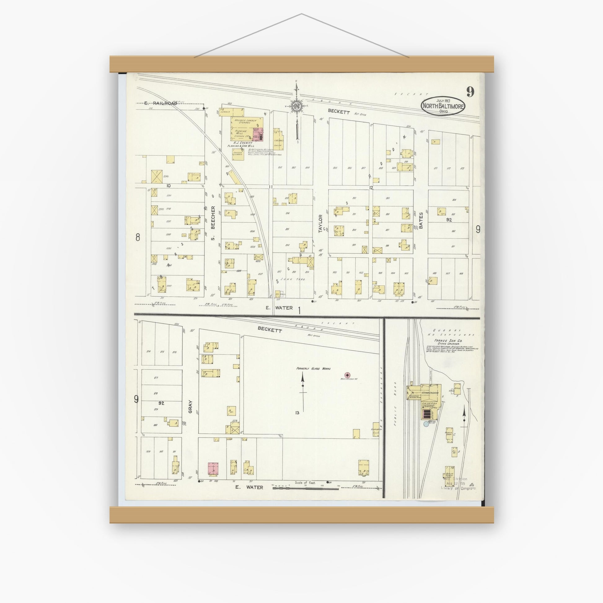 Old map wall art mockup — magnetic wood frame on white wall — Sanborn Fire Insurance Map from North Baltimore, Wood County, Ohio (1913), Sheet #0009