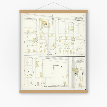 Old map wall art mockup — magnetic wood frame on white wall — Sanborn Fire Insurance Map from North Baltimore, Wood County, Ohio (1913), Sheet #0009