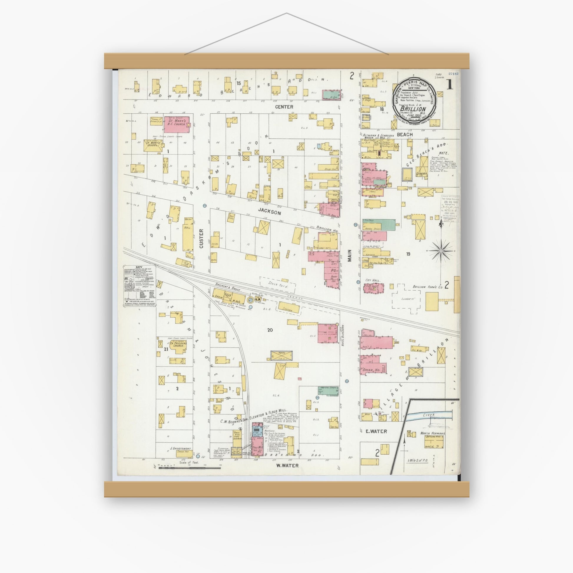 Old map wall art mockup — magnetic wood frame on white wall — Sanborn Fire Insurance Map from Brillion, Calumet County, Wisconsin (1900) - Complete Map Set