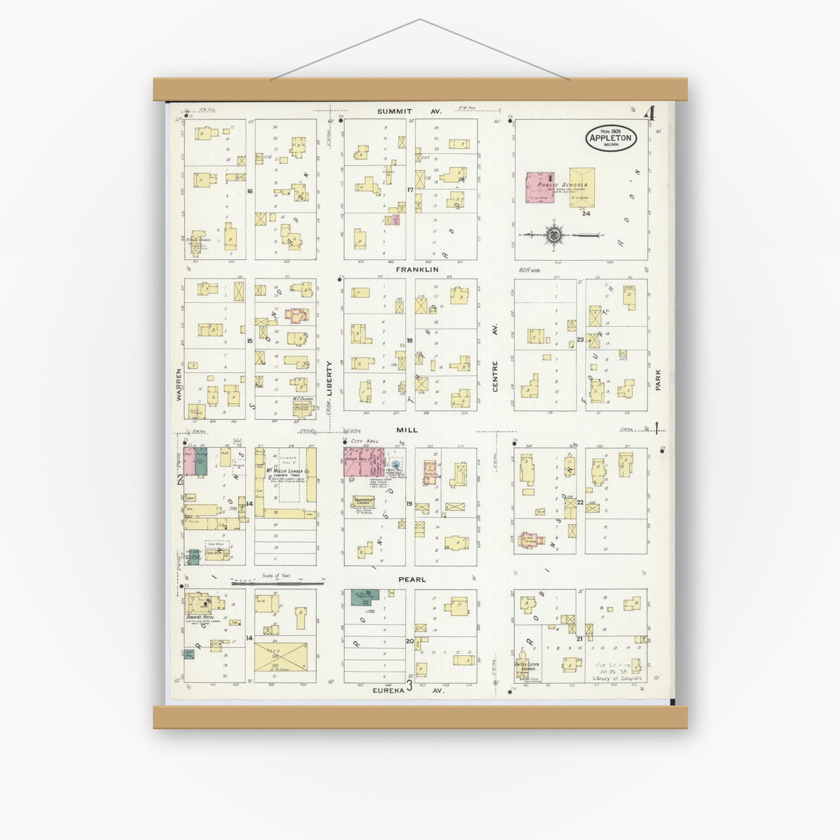 Old map wall art mockup — magnetic wood frame on white wall — Sanborn Fire Insurance Map from Appleton, Swift County, Minnesota (1909), Sheet #0004