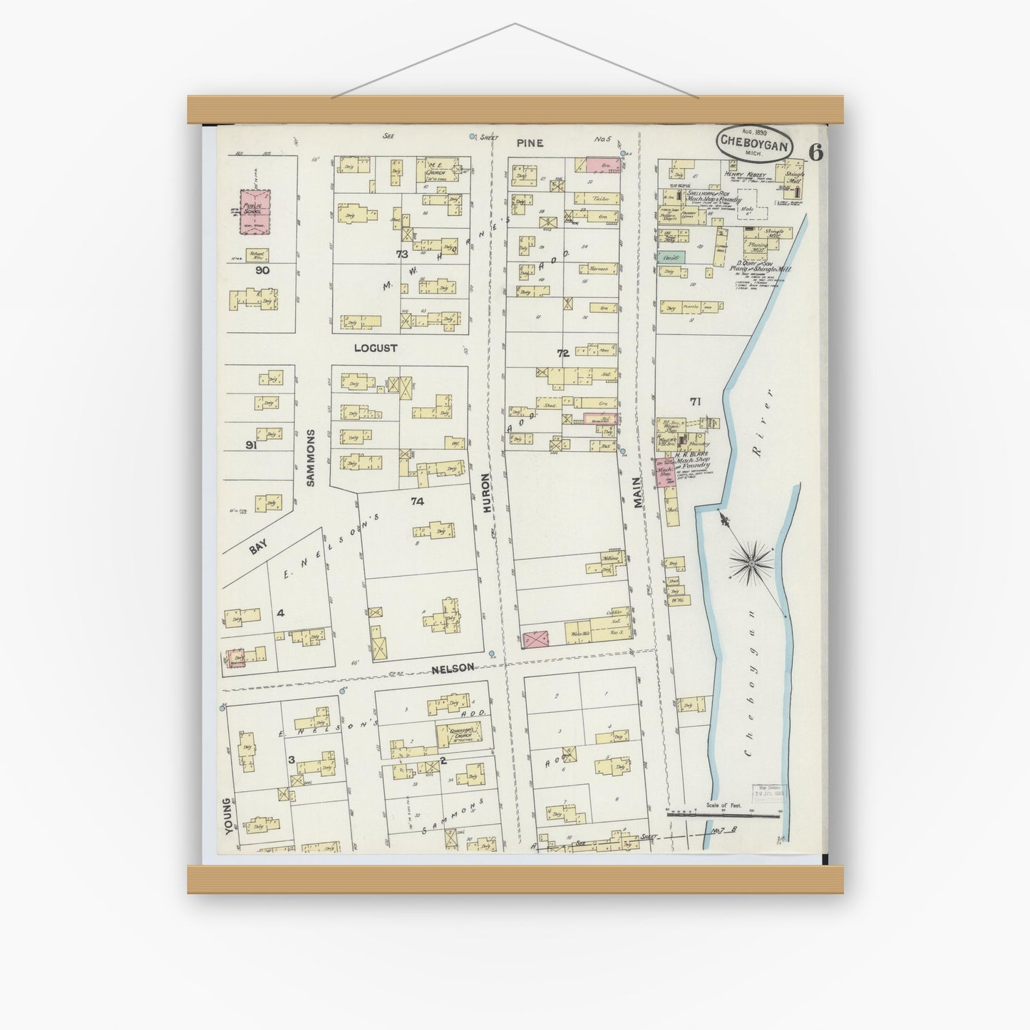 Old map wall art mockup — magnetic wood frame on white wall — Sanborn Fire Insurance Map from Cheboygan, Cheboygan County, Michigan (1890), Sheet #0006