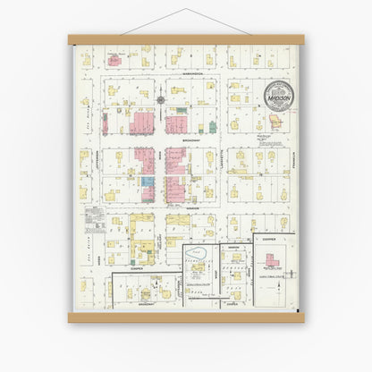 Old map wall art mockup — magnetic wood frame on white wall — Sanborn Fire Insurance Map from Madison, Monroe County, Missouri (1910), Sheet #0001