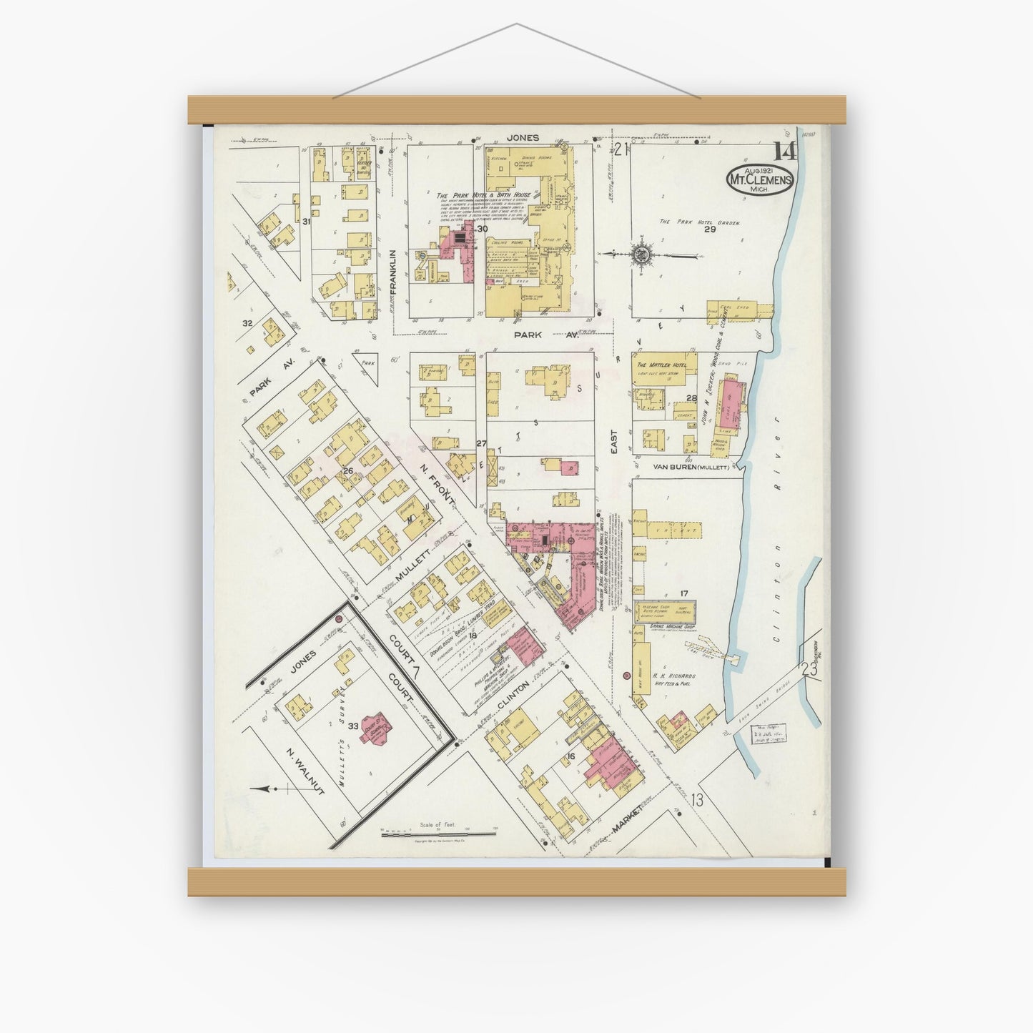 Old map wall art mockup — magnetic wood frame on white wall — Sanborn Fire Insurance Map from Mount Clemens, Macomb County, Michigan (1921), Sheet #0014
