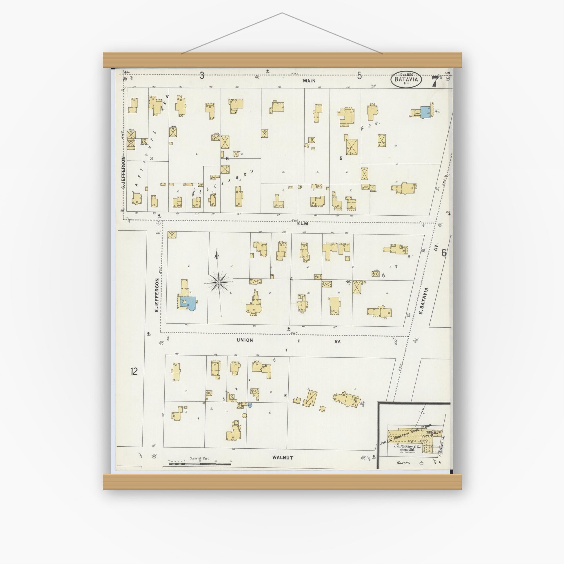 Old map wall art mockup — magnetic wood frame on white wall — Sanborn Fire Insurance Map from Batavia, Kane County, Illinois (1897), Sheet #0007
