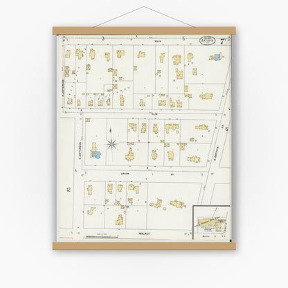 Old map wall art mockup — magnetic wood frame on white wall — Sanborn Fire Insurance Map from Batavia, Kane County, Illinois (1897), Sheet #0007