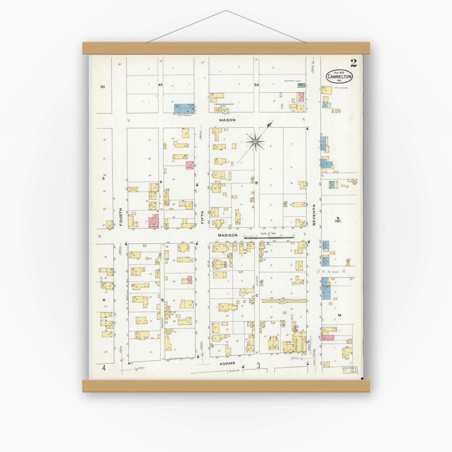 Old map wall art mockup — magnetic wood frame on white wall — Sanborn Fire Insurance Map from Cannelton, Perry County, Indiana (1909), Sheet #0002