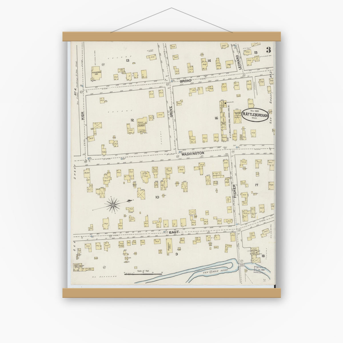 Old map wall art mockup — magnetic wood frame on white wall — Sanborn Fire Insurance Map from North Attleborough, Bristol County, Massachusetts (1889), Sheet #0003