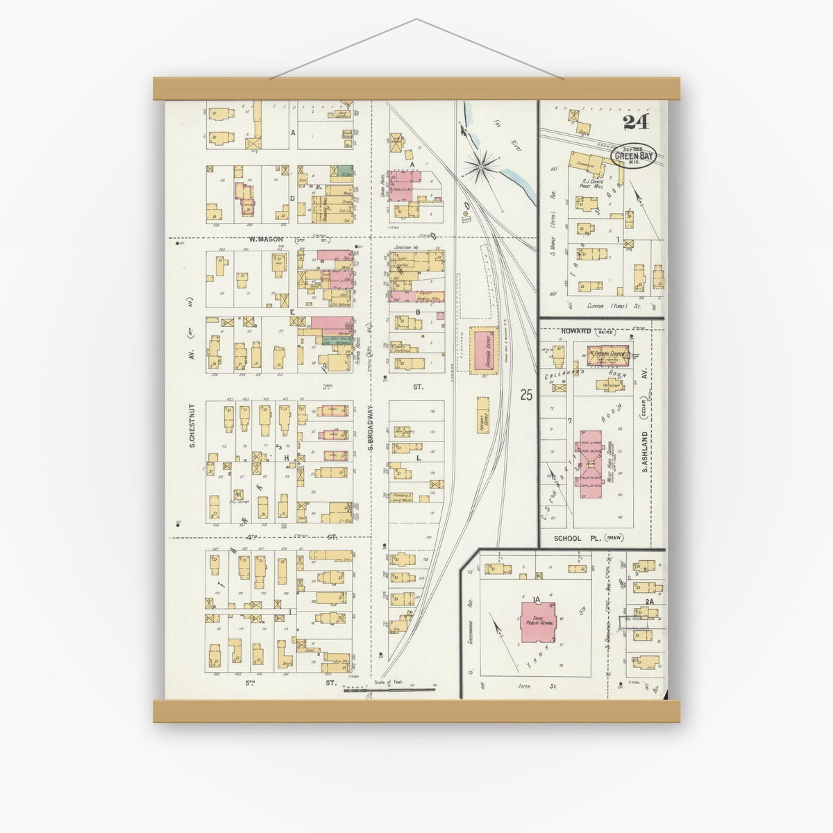 Old map wall art mockup — magnetic wood frame on white wall — Sanborn Fire Insurance Map from Green Bay, Brown County, Wisconsin (1900), Sheet #0024