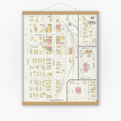 Old map wall art mockup — magnetic wood frame on white wall — Sanborn Fire Insurance Map from Green Bay, Brown County, Wisconsin (1900), Sheet #0024